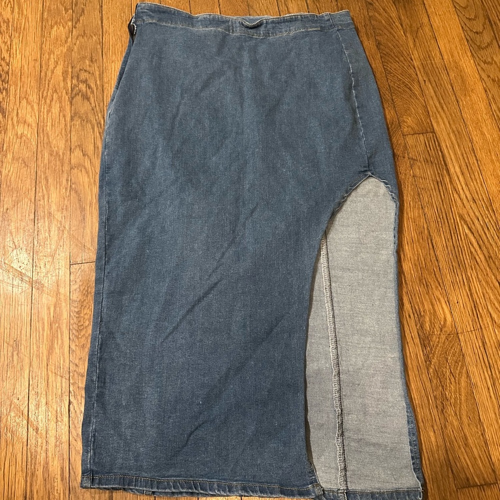 Split thigh denim midi skirt